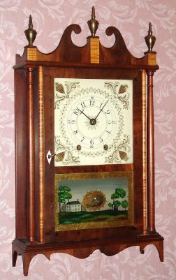 C.1970, (copy) Sheldon Hoch, White Plains, NY, Miniature pillar and scroll with 30-hr Mark Leavenworth period movement, restored. — Antique Clocks Price Guide