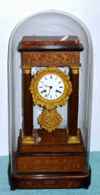 C.1890, French, Douillon a' St. Nicolas, 4-Column Empire style portico of rosewood veneer with floral inlay, on original base with cracked dome. — Antique Clocks Price Guide