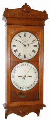 C.1890, Seth Thomas Clock Co., "Office Calendar No. 13" in oak, 8-day weight driven double dial perpetual calendar. — Antique Clocks Price Guide
