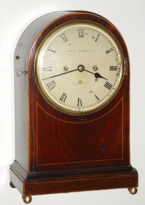 C.1820, English, John Thwaites, London, 2-Fusee bracket clock, bell strike, in a mahogany veneer case with painted dial. — Antique Clocks Price Guide