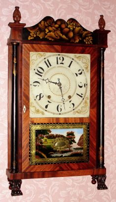 C.1828, Moses Barrett, Yarmouth, N.S.: Short-drop column and splat shelf clock with 30-hr time and strike wood movement, rare Canadian label. — Antique Clocks Price Guide