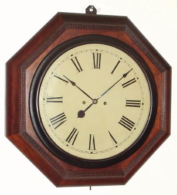 C.1868, Atkins Clock Co., THIRTY DAY OCTAGON, rosewood veneer with ripple trim, fusee movement. This model using the large rectangular movement purchased from Welch and modified. — Antique Clocks Price Guide