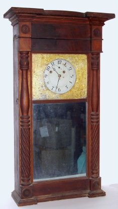 C.1829, Asa Munger, Auburn, New York, large "Ironing Board Top" mahogany shelf clock, 2-weight, 8-day brass works with round painted dial. — Antique Clocks Price Guide