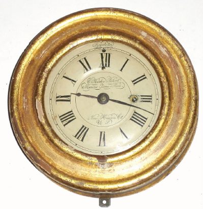 C.1850, Marine Clock Mf'g Co, New Haven, with KIRK'S PATENT IRON backplate movement with double 'scape wheels, in a small gilt case with original dial. — Antique Clocks Price Guide