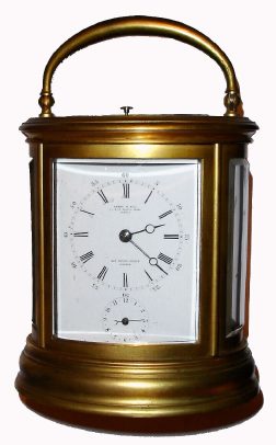 C.1890, French, Leroy and Fils, 13 and 15 Palais Royal, Paris, Brass Cased GRAND SONNERIE carriage clock, in a gilt oval case and with original lever platform intact. Also with alarm and repeat. Serial No. 9876. Interestingly this clock was likely made by Drocourt, as it also bears a separate serial No. 10676, which fits their series, and the little oval with their trademark has been flattened with a punch. — Antique Clocks Price Guide