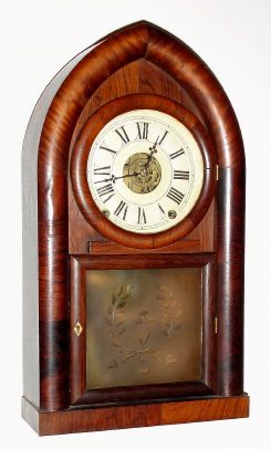 C.1850, Terry and Andrews, Bristol, Conn, Time, Strike and alarm BEEHIVE shelf clock, 8-day in a mahogany case, with brass springs, cut and frosted tablet. — Antique Clocks Price Guide