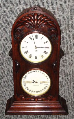 C.1868, Seth Thomas Double Dial Perpetual calendar clock, rare model with shell carving over the dial and decorative lions on the side, 8-day time/strike. — Antique Clocks Price Guide