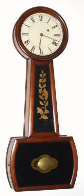 C.1840, Attleboro Banjo Timepiece, weight driven, 8-day in a mahogany case with black/gold tablets. — Antique Clocks Price Guide