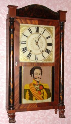 C.1830, Riley Whiting, Winchester, Conn, Pillar and splat shelf clock with 30-hr time and strike wood movement. — Antique Clocks Price Guide