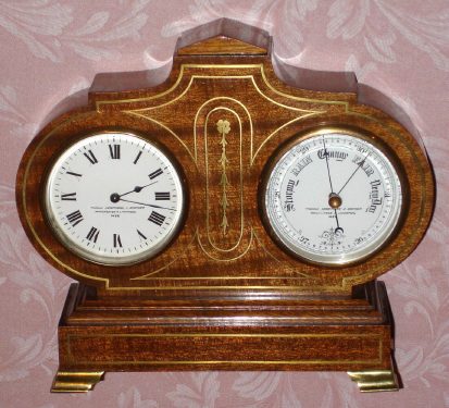 C.1890, French , for the English market, brass inlaid, walnut desk set, 8-day lever timepiece with Aneroid barometer. — Antique Clocks Price Guide