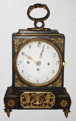 C.1850, Austrian Grand Sonnerie, mini bracket clock. Ebonized finish case with 1-2 day time, qtr hrs and hour strike and calendar movement. — Antique Clocks Price Guide