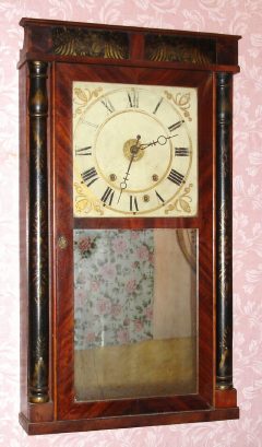 C.1835 Henry Terry and Co., Plymouth, Conn. Pillar and splat shelf clock with 30-hr time, strike and alarm wood movement (3-weight). — Antique Clocks Price Guide