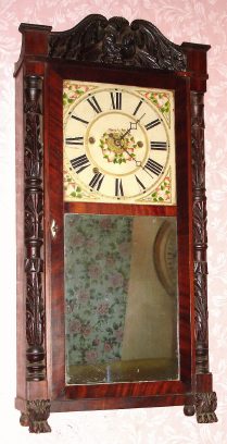 C.1835, Edward M. Barnes, Bristol, Conn, 30 hour groaner w/ alarm, carved column foliate splat, 3-wt. — Antique Clocks Price Guide