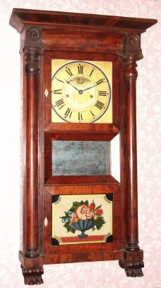 C.1835, C and N Jerome, Bristol, Conn, large Empire full column and cornice 8-day strap brass shelf clock. — Antique Clocks Price Guide