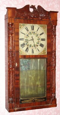C.1830, Jeromes' and Darrow, Bristol, Conn., carved column and splat eight-day time and strike wood movement. — Antique Clocks Price Guide