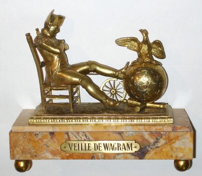 C.1880, French, Bronze and Marble Figural timepiece, Napoleon commemorative titled "Veille de Wagram" (on gilt plaque) [Wheel of the Wagon], with a small cylinder mov't contained within a globe of the world, the Roman numerals cast into the globe. — Antique Clocks Price Guide