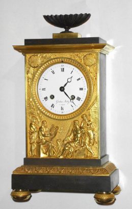 C.1840, French, Gaston Jolly, Paris, Bronze and Ormolu, Empire style mantel clock, 8-day bell strike with silk thread suspension, commemorative to Achille and Ulysse, shields in top corners with their names. — Antique Clocks Price Guide