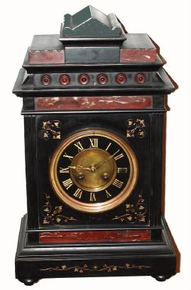 C.1895, French, Japy Freres and Cie, Black slate with red/gold accents mantel clock, 8-day gong striking. — Antique Clocks Price Guide