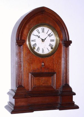 C.1865, Noah Pomeroy, Bristol, Conn, Walnut shelf clock, 8-day time and gong strike, with 1859 patent on bezel. — Antique Clocks Price Guide