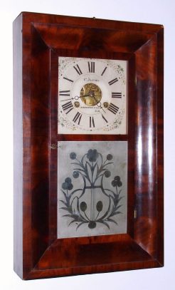 C.1842, Chauncey Jerome, Bristol, Conn, a nice early OG, 2-wt, 30 hour brass mov't with signed wooden dial, good label and a great Fenn tablet with mirror backing — Antique Clocks Price Guide