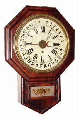 C.1880, E. N. Welch, Forestville, Conn, No. 1 Drop Calendar, 8-day timepiece with simple calendar showing outside the chapter ring. — Antique Clocks Price Guide