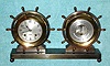 C.1962 Chelsea Clock Co., Claremont model, tu-tone polished brass and bronze case, Ship's Bell clock and barometer desk set with 3.75" dials, 8-day, and with mercury-tube thermometer. 