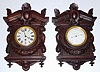 C.1875, French, Roblin and Fils, Clock and Barometer Cartel Set, in carved oak, the clock an 8-day timepiece, and the barometer an Aneroid model, a pair of lions adorn the sides of each. 