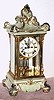 C.1914, Ansonia Clock Co., Porcelain Regulator No. 5, 8-day time and gong strike mantel clock, a crystal regulator with porcelain top and bottom, this one in iridescent light green with very dark green accents and gold highlights. 