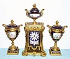 C.1880, French, Blue Cobalt and Ormolu 3-piece mantle clock set with side urns and lids complete. 