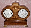 C.1890, French , for the English market, brass inlaid, walnut desk set, 8-day lever timepiece with Aneroid barometer. 