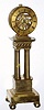 C.1870, French miniature skeleton clock on stand. 8-day time only movement on bronze stand, gilt dial, no dome.