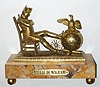 C.1880, French, Bronze and Marble Figural timepiece, Napoleon commemorative titled "Veille de Wagram" (on gilt plaque) [Wheel of the Wagon], with a small cylinder mov't contained within a globe of the world, the Roman numerals cast into the globe. 