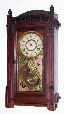 C.1881, New Haven Clock Co., TRENT, walnut cased shelf clock, with reverse painted tablet. — Antique Clocks Price Guide