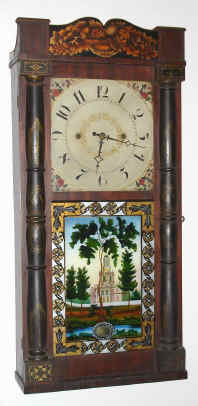 C.1830, Jeromes and Darrow, Bristol, Conn, Stenciled Column and Splat, with columns on the sash, 2- wt Groaner movement [wooden]. — Antique Clocks Price Guide