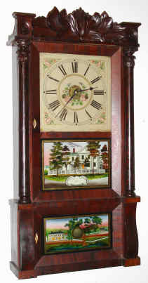 C.1840, Forestville Mfg (EN Welch, JC Brown, N. Pomeroy], double deck, column and carved splat, 8-day brass, shelf clock. — Antique Clocks Price Guide