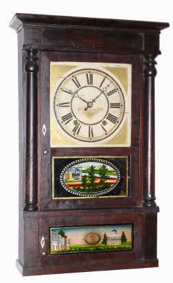 C.1833, R and I Atkins, Bristol, Conn, 2-deck full column and cornice empire style shelf clock, 30 hour wood. — Antique Clocks Price Guide
