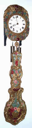 C. 1840 French Morbier, Paris Jeune, Vermanton, 8-day time and bell strike crown wheel escapement wall clock, with brass repousse pendulum and dial surround, with wall bracket. — Antique Clocks Price Guide