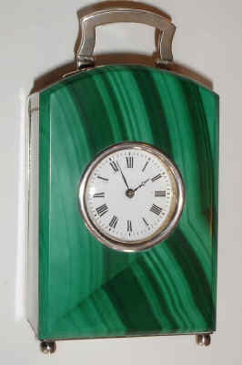C.1905, French, Mini Carriage timepiece, 8-day, wound from rear with hinged key, jeweled lever platform, the case of sterling, quartz and malachite. — Antique Clocks Price Guide