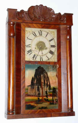 C.1840, Silas B. Terry, Horologist, Plymouth, Conn, rare 30 hour time and alarm shelf clock, smooth column and carved splat. — Antique Clocks Price Guide