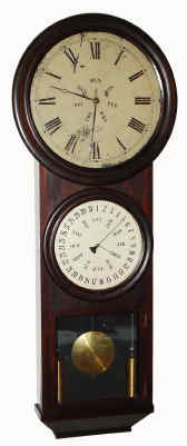 C.1870, L. F. and W. W. Carter, Bristol, Conn, Round Drop Wall Calendar, double dial, perpetual calendar, in a rosewood case, with 16" time dial (chapter) and 12" calendar dial, 2-wt time, bezel dia = 22". — Antique Clocks Price Guide
