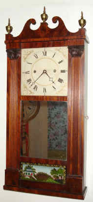 C.1826, Reeded Pilaster and Scroll shelf clock, the clock has an Ives 30-hr wood work time and strike weight movement on a seat board with roller pinions, formerly at the Time Museum, Rockford. — Antique Clocks Price Guide