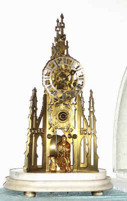 C.1870, English, Wm. F. Evans, 1-Fusee, Sir Walter Scott Monument, timepiece skeleton with original glass dome and gilt bronze figures of Sir Walter and his dog. — Antique Clocks Price Guide