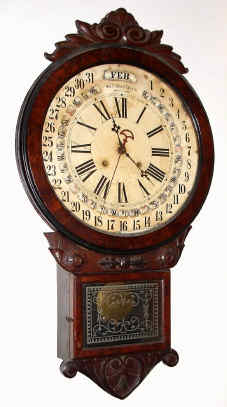 C.1881, Gilbert Clock Co., OFFICE DROP CALENDAR, using Maranville style disc calendar (note Maranville's patent was specific about painted metal dials with gear driven rotation, so Gilbert circumvented his patent by using paper over thin metal discs, moved with a nail or other sharp object). — Antique Clocks Price Guide