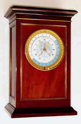 C.1890, French, Chas, Delagrave, Paris, WORLD TIME clock in a mahogany case; with an interesting porcelain dial depicting the entire globe, and a second outer dial that rotates counter-clockwise and indicates the time in approx 80 of the world's major cities, including Zanzibar, Medina, Mocha, Astrakhan, Bokhara and Tobolsk. Dial dia = 5.5" Bell strike, pendulum mov't. — Antique Clocks Price Guide