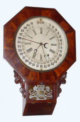 C.1868, Gilbert Manf'g Co., Winsted, Conn, Short Drop octagon w/ chisel bottom and with Maranville 1861 patent calendar dial. — Antique Clocks Price Guide