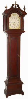 A C.1825 Silas Hoadley 8-day Wooden movement, now in a C.1910 cherry tall case with long door and beveled panel sides. — Antique Clocks Price Guide