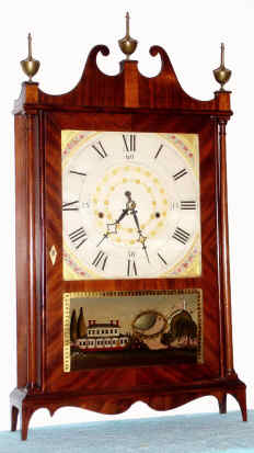 C.1820, Seth Thomas, Off-Center Pillar and Scroll, 1-day, 2-wt, strap wood movement, mahogany case. — Antique Clocks Price Guide