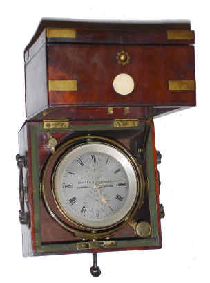 C.1850, Hunter and Edwards, Cornhill, London, No. 610, 54-hour marine chronometer, small movement - plate diameter 2.5", dial diameter 3.5", with typical bi-metallic, split balance and helical hair spring, Earnshaw style detent, and gold hands. — Antique Clocks Price Guide