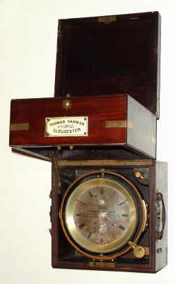 C.1885, English, Thomas Hanman, 4 Westgate St, Gloucester, 2-day marine chronometer, in original brass cornered box, with drop handles, and with original maker's plaque on front. — Antique Clocks Price Guide