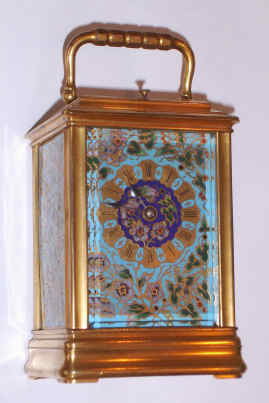 C.1900, French, Brass Cased Carriage clock with 4 enameled panels, the dial rt and lt and top panel all decorated with multi-colored cloisonne flowers against an aqua background, time, gong strike and repeat, 8-day lever. — Antique Clocks Price Guide